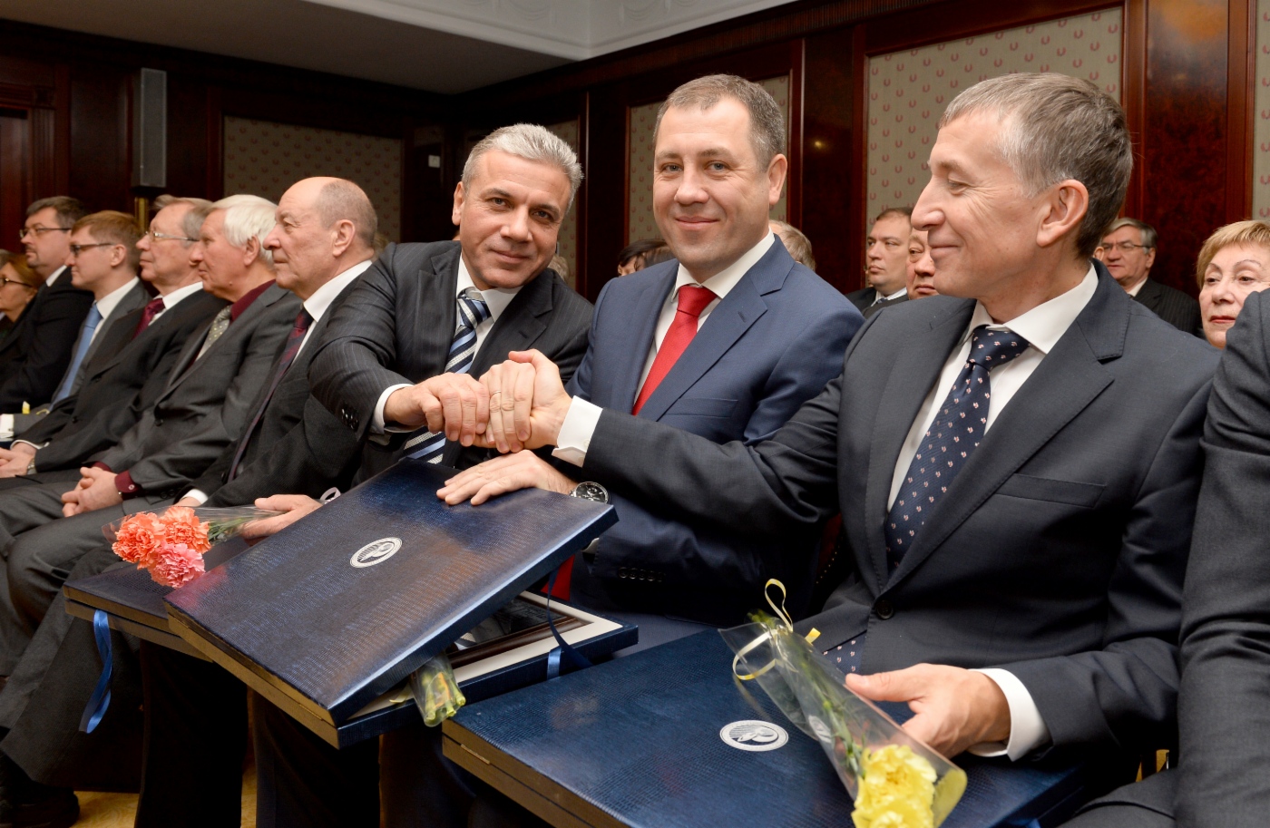 Prize winners (from right to left) – Deputy Director General for Compressor Station Operation of Gazprom Transgaz Ukhta Timur Aliev, Head of Production Division for Compressor Station Operation of Gazprom Transgaz Ukhta Viktor Seredenok and Alexey Prokopets