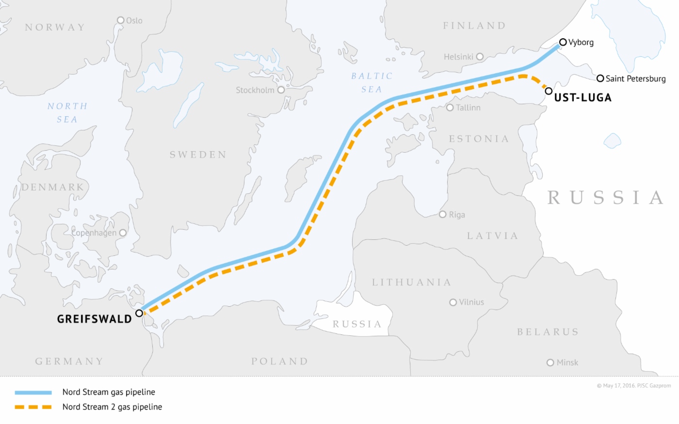 Route map of Nord Stream and Nord Stream 2