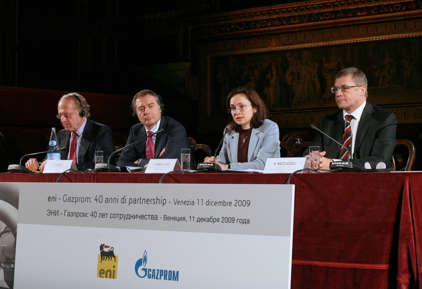 Paolo Scaroni, Chief Executive Officer of Eni; Adolfo Urso, Italy's Deputy Minister for Economic Development; Elvira Nabiullina, Russia's Economic Development Minister and Alexander Medvedev.