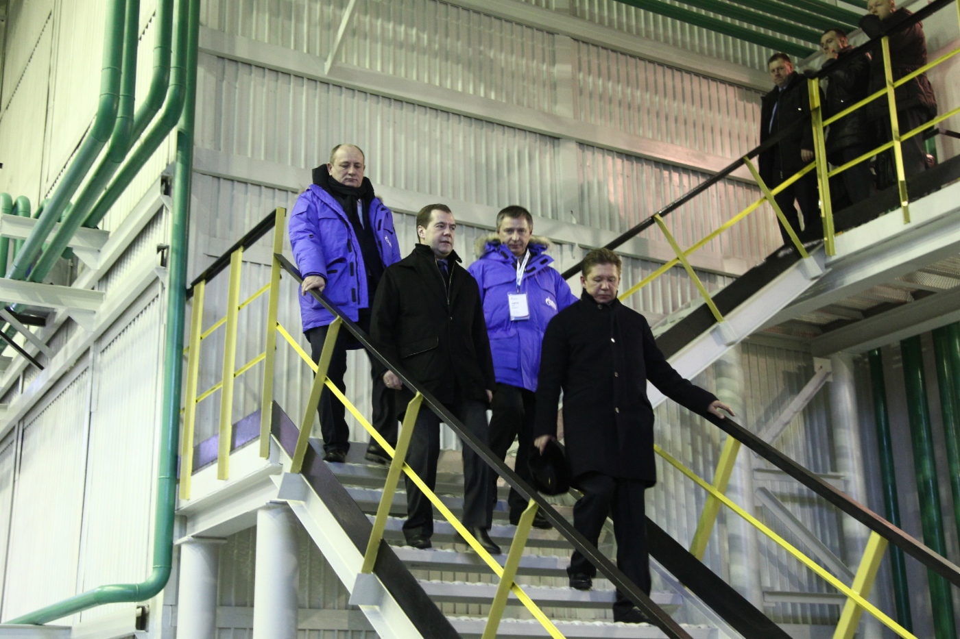 Dmitry Medvedev and Alexey Miller (first row) visit comprehensive gas treatment unit, Zapolyarnoye field