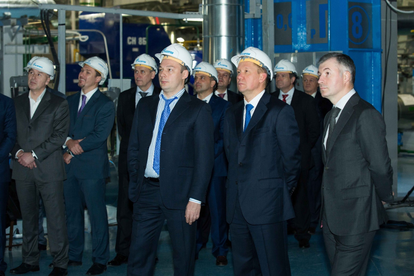 From right to left – Kirill Seleznev, Alexey Miller and Denis Fyodorov inspecting new gas turbine