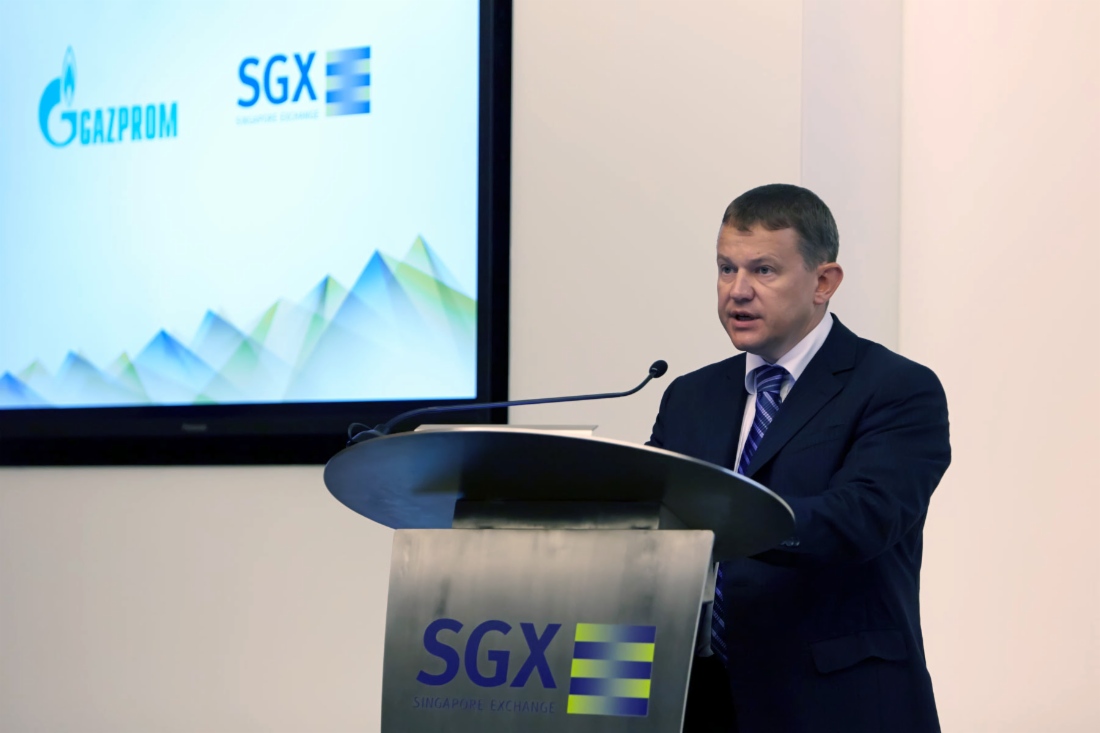 Andrey Kruglov speaking at official ceremony dedicated to Gazprom’s inclusion in Singapore Exchange listings