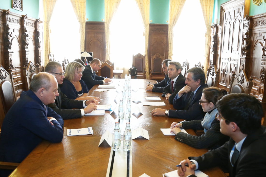 Working meeting of Vitaly Markelov and Alexander Medvedev with Jean-Francois Cirelli taking place as part of St. Petersburg International Economic Forum 2014